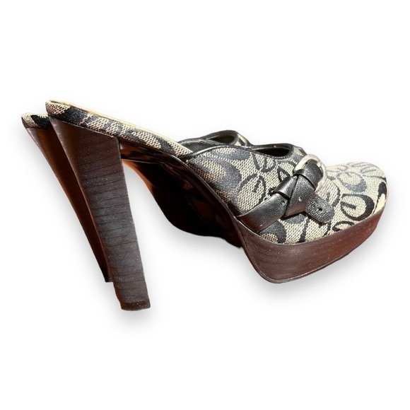 Guess Logo Black/Brown Y2K stacked Platform Heel Slip On Mules w/ buckle accents - Picture 7 of 11